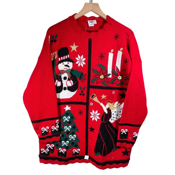 NUTCRACKER Christmas Holiday Sweater Size L Red Embellished Angel Snowman Winter - Picture 1 of 16